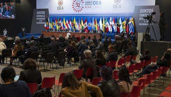 Panorama general de la 3ra Sesión Plenaria en curso de la 52a Asamblea General de la OEA celebrada en Lima el 7 de octubre de 2022. (Foto de Cris BOURONCLE / AFP)