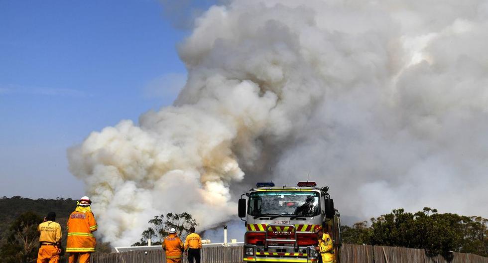 Los bomberos trabajan mientras el humo se eleva de un incendio forestal en Penrose, en el estado australiano de Nueva Gales del Sur. (AFP)