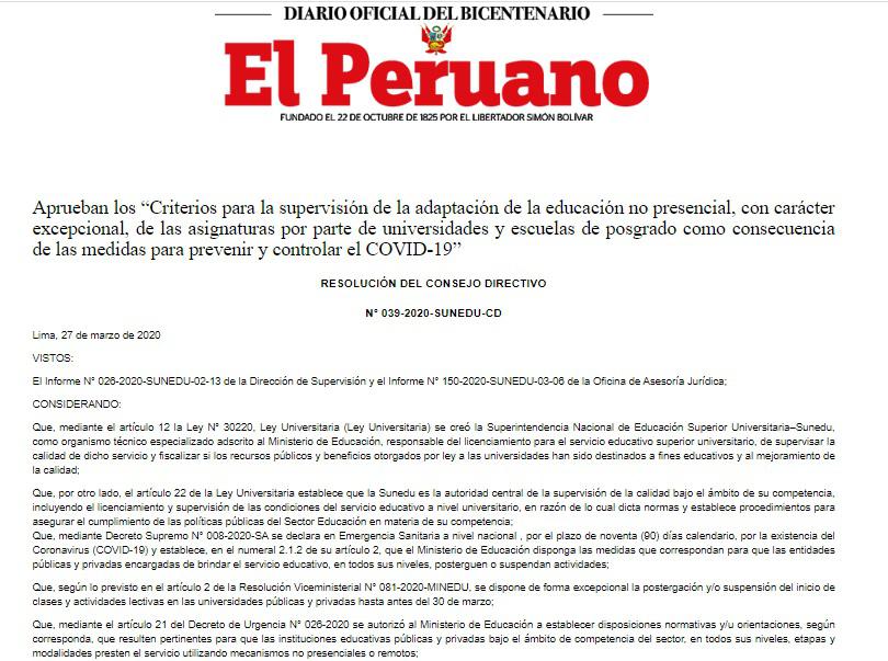 La norma fue publicada este domingo en el diario oficial 'El Peruano'.