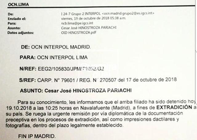 Este es el documento de la Interpol donde informa la captura de César Hinostroza. (Foto: Twitter)
