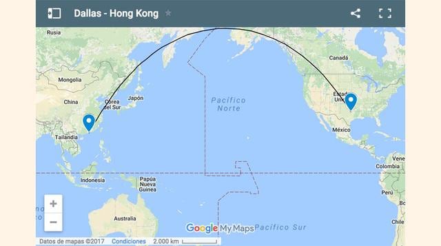 9. Dallas Ft. Worth – Hong Kong: 13.066 km, 15 horas 8 minutos.