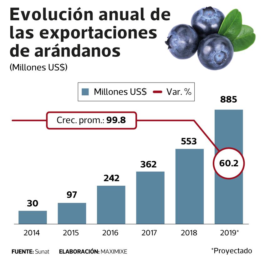 Evolución anual de las exportaciones de arándanos // Fuente: Difusión