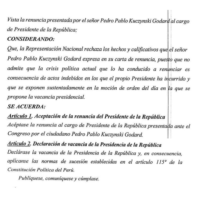 Documento en el que se aprueba renuncia de Pedro Pablo Kuczynski a la presidencia del Perú.