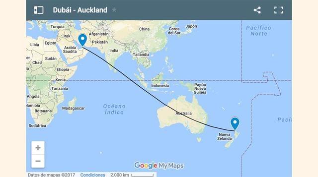 1. Dubái – Auckland: 14.200 km, 17 horas 15 minutos.