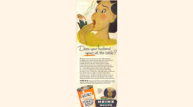 Anuncio de 1950 de Heinz. En la descripción menciona “en estos días, la mayoría de esposos han dejado de golpear a sus esposas”.