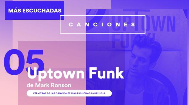 Uptown Funk es la quinta canción más escuchada en el Perú. Fue realizada por el productor británico Mark Ronson, con la colaboración del cantante estadounidense Bruno Mars, perteneciente al cuarto álbum de estudio de Ronson, Uptown Special (2015).