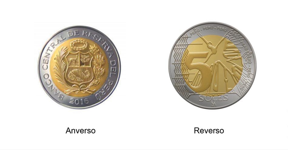 La moneda de S/ 5 de 2016 muestra en el anverso el Escudo de Armas del Perú y en el reverso un motivo a las Líneas de Nazca (Foto: BCR)