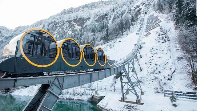 Foto 1. En Suiza, estrenaron el funicular, un tipo de ferrocarril, que pone prueba el vértigo de los pasajeros al subir una pendiente de 110 grados, lo que se considera un récord mundial. (Foto: Difusión)