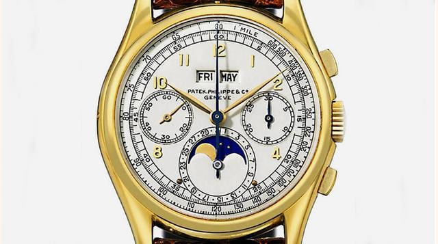Patek Philippe de oro. 18K con complicaciones, calendario perpetuo, fases lunares. Datado en 1943. Precio: 5.708.885 euros. Fecha: 10-5-2010 en Ginebra. Récord: mundial para un reloj de muñeca.