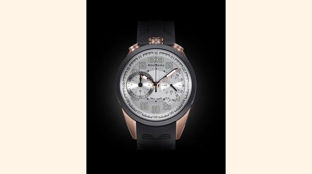 1968 Chronograph, 39 mm. Movimiento con cronógrafo. Sumergibilidad hasta 100 m. Acero inoxidable con tratamiento PVD negro y oro rosa. Correa de silicona negra. (Foto: Bomberg)