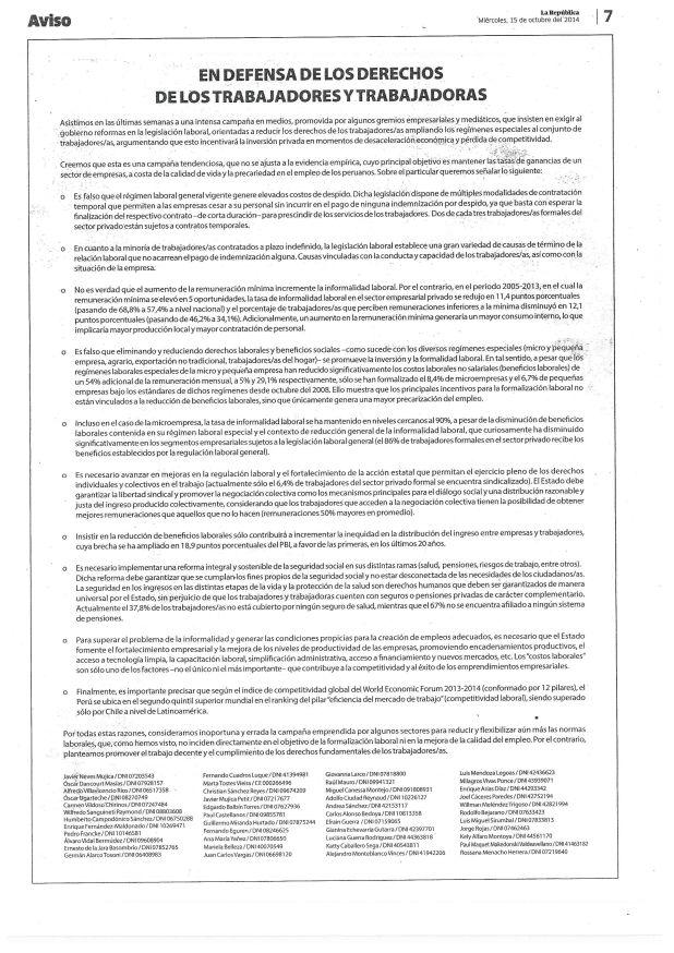 Pronunciamiento de laboralistas en contra de flexibilidad laboral (Fuente: La República).