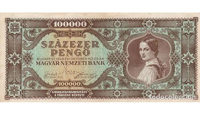 FOTO 10 | Por otra parte, a lo largo de la historia, los cinco billetes con mayor cantidad de ceros emitidos lo fueron en: Hungría -100 trillones de pengos (1945-1946)-; Zimbabue -100 billones de dólares ZWD (2009)-; Alemania -100 billones de marcos (1923)-; la ex-Yugoslavia -República Federal de Yugoslavia, 500,000 millones de dinares (1994); y Grecia -billete de 100,000 millones de dracmas (1944)-. (Foto: Todocolección)
