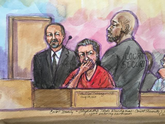 En esta audiencia, la artista estadounidense Vicki Behringer volvió a retratar a Toledo Manrique, poco más de un mes de que se ordenara su prisión. (Ilustración: Vicky Behringer / Reuters)