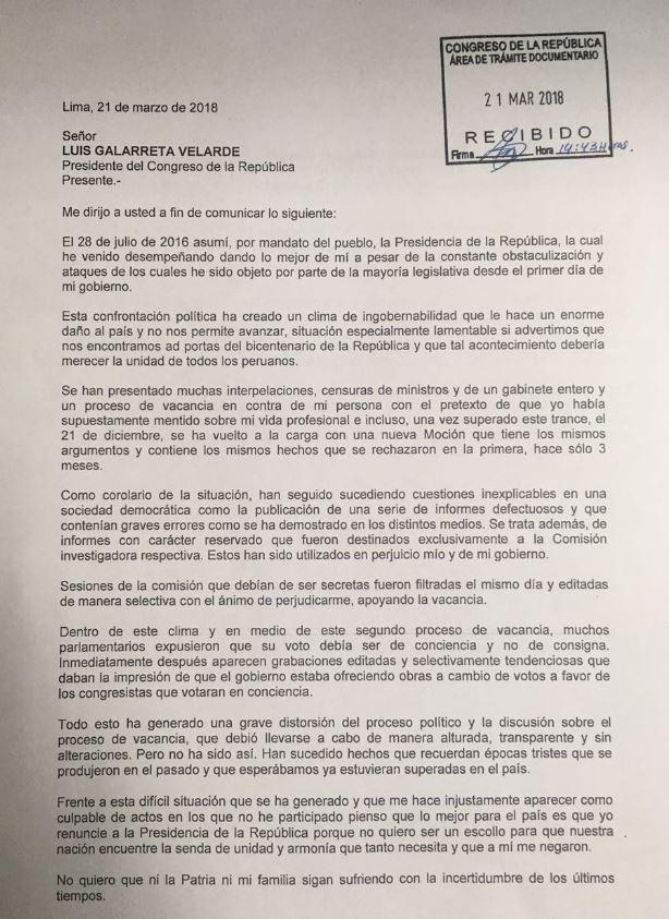 Carta de la renuncia de PPK