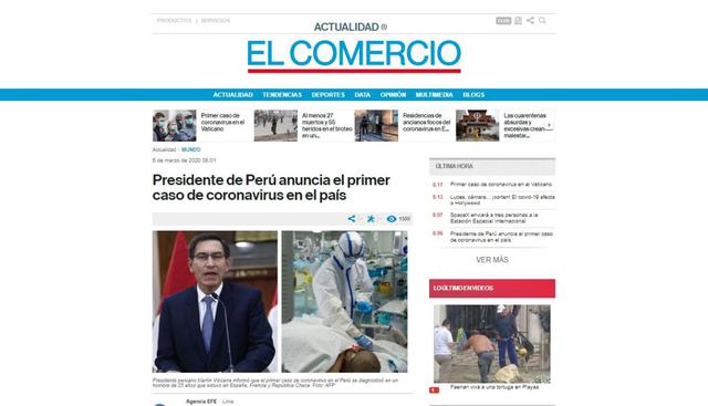"Presidente de Perú anuncia el primer caso de coronavirus en el país", aseguró El Comercio de Ecuador. (El Comercio).