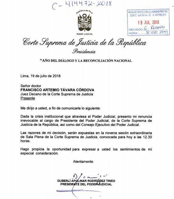 Carta de Renuncia de Duberlí Rodriguez