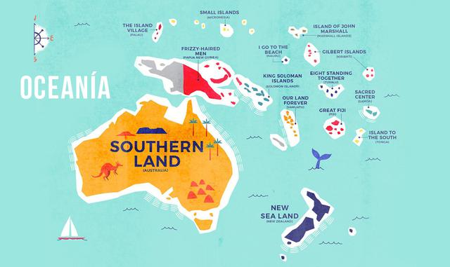 FOTO 7 | Por último Oceanía presenta algunos nombres pecualiares como Me voy a la playa (Nauru), La tierra del nuevo mar (Nueva Zelanda), Centro sagrado (Samoa) y Nuestra tierra por siempre (Vanuatu).