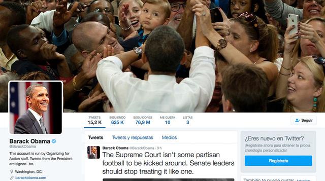 Barack Obama: A diferencia de la cuenta que tiene como Presidente Estados Unidos @POTUS, la cuenta inicial de Barack Obama, @barackobama, tiene 76 millones de seguidores.