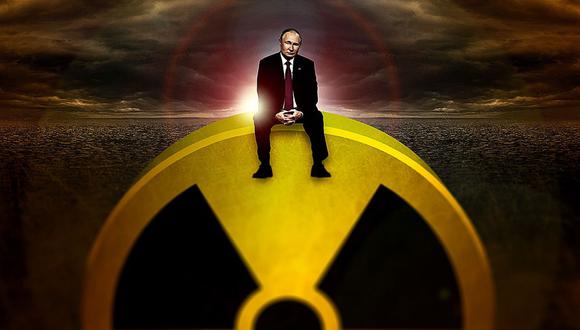 Ilustración de Vladimir Putin sentado sobre una señalética de armas nucleares. (Foto: Bloomberg)