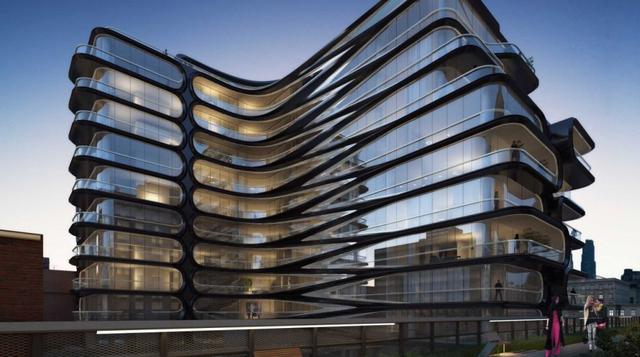 Proyecto High Line Park (Nueva York, EE.UU.) El proyecto de departamentos de Zaha Hadid tiene una ubicación privilegiada en la “Gran Manzana” con sus 11 pisos en formación cheurón (V invertida) junto al parque High Line. Además, sus paredes de vidrio ofre