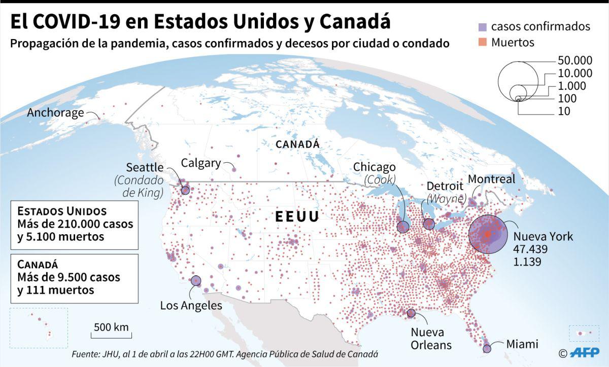 Propagación de la pandemia en Estados Unidos y en Canadá, al 2 de abril, por ciudad o condado, según datos de JHU y de las autoridades canadienses. (Foto: AFP/Sophie Ramis, Patricio Arana)