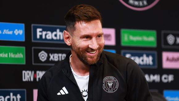 Lionel Messi durante una conferencia de prensa en el estadio DRV PNK en Fort Lauderdale, Florida, el 17 de agosto de 2023.