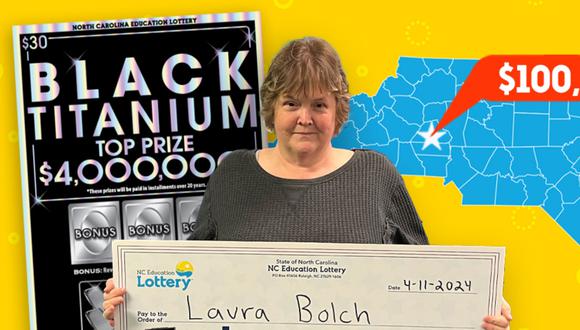 Laura Bolch se llevó el segundo premio más alto de la historia del raspadito Black Titanium en Estados Unidos (Foto: Lotería de Carolina del Norte)