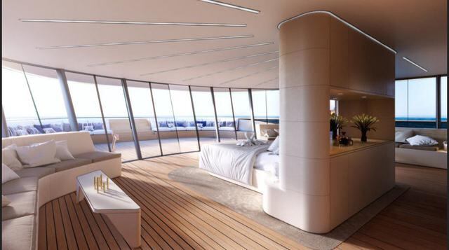 FOTO 6 | Localizada en la proa del gigayate, la suite principal del Se77antasette se extiende sobre 100 metros cuadrados junto con un extenso espacio exterior privado. (Foto: Megaricos)