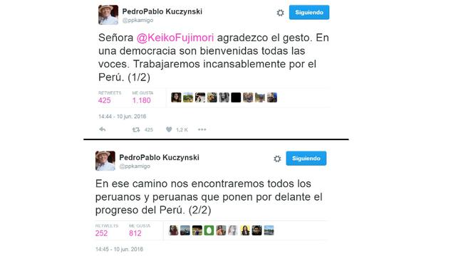 El viernes, tras la aceptación de Keiko Fujimori del triunfo de PPK, este le mandó un saludo a la candidata de Fuerza Popular. Fujimori había dicho que serán una oposición responsable en una declaración frente a la prensa. Al cierre de esta fotogalería, K