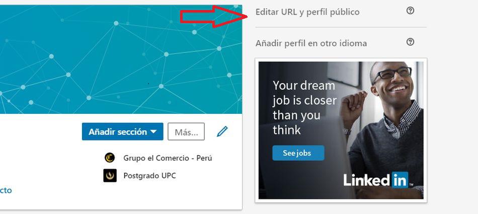 Haga clic en ‘Editar perfil público y URL’. Esto abrirá una nueva pestaña. (Foto: LinkedIn)