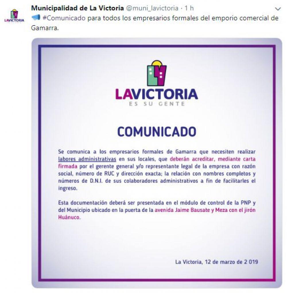 Comunicado de La Victoria para todos los empresarios formales que busquen ingresar al emporio comercial de Gamarra.