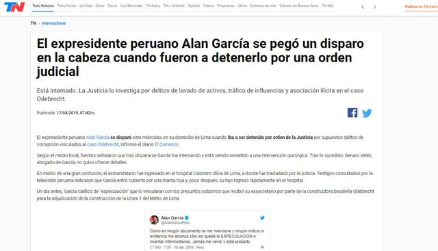 Alan García fue internado de urgencia tras detención. (Foto: TN - Argentina)