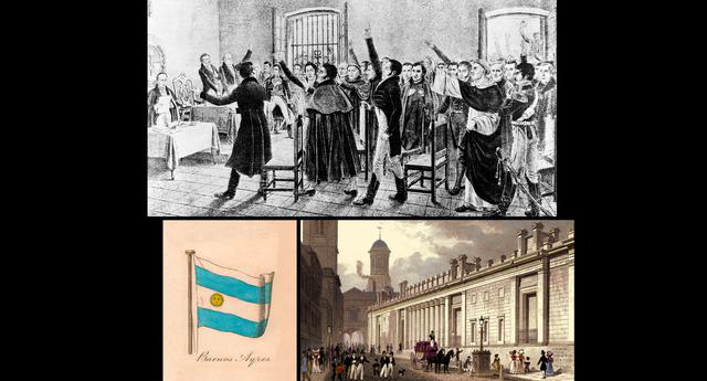 FOTO 1 | 1827: Después de declarar su independencia de España en 1816, la economía argentina se abrió rápidamente al comercio exterior. Algunos historiadores más tarde se referirían a los principios de la década de 1820 como la "experiencia feliz" de la nación, un período de paz, prosperidad y fascinación con la aristocracia europea. Eso pronto cambió. Argentina había vendido bonos en Londres para ayudar a financiar su soberanía. Esta deuda quedó bajo presión cuando el Banco de Inglaterra aumentó las tasas de interés en 1825. Argentina incumplió dos años más tarde. El país tardó otros 30 años en reanudar los pagos de la deuda.
Imagen superior: Argentina declara su independencia de España. 
Imagen izquierda: ilustración en inglés de la bandera de "Buenos Aires", 1838.
Imagen derecha: el Banco de Inglaterra en Londres, 1828. (Foto: Getty)