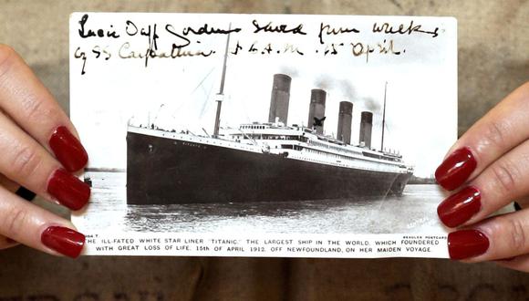 A postcard of the Titanic is displayed at Christie's in London, U.K., Wednesday, April 4, 2007. The postcard is one of the items from the Titanic which will be auctioned on May 16. Photographer: Michael Crabtree/Bloomberg News.