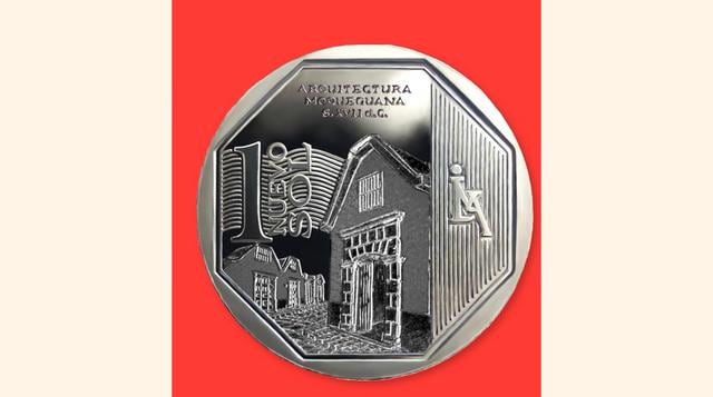 La moneda de un Nuevo Sol alusiva a 'Arquitectura Moqueguana' es la vigésimo primera de la Serie Numismática. En el reverso se observa una composición de unas casas con techo de mojinete, característica típica de la arquitectura moqueguana.