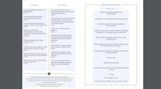 12. Quintonil, México. Los precios están entre S/ 1,300 y S/ 2425.