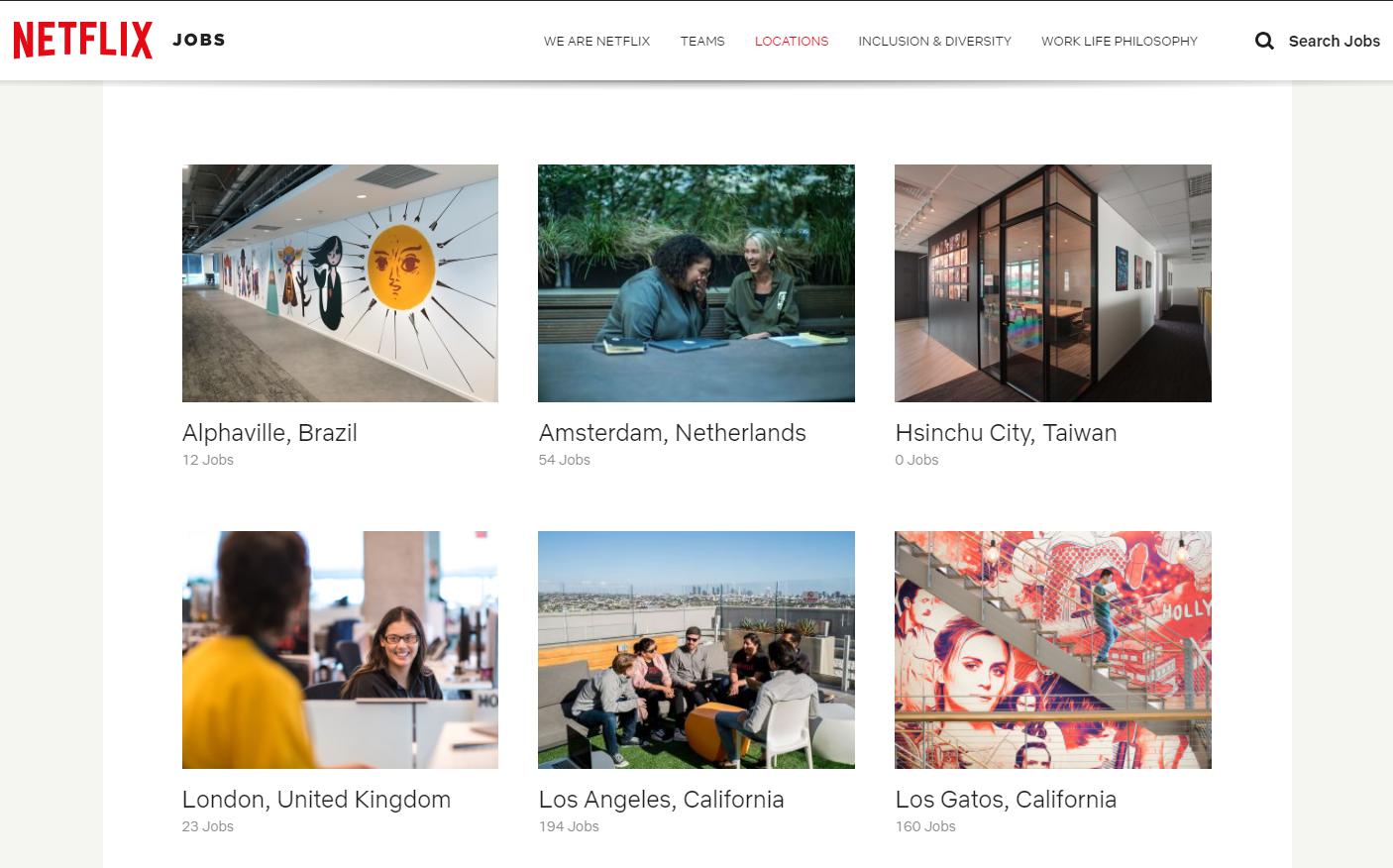 Netflix Jobs tiene una pestaña para identificar las oficinas al rededor del mundo que tienen algún puesto disponible en su planilla (Foto: Netflix Jobs)