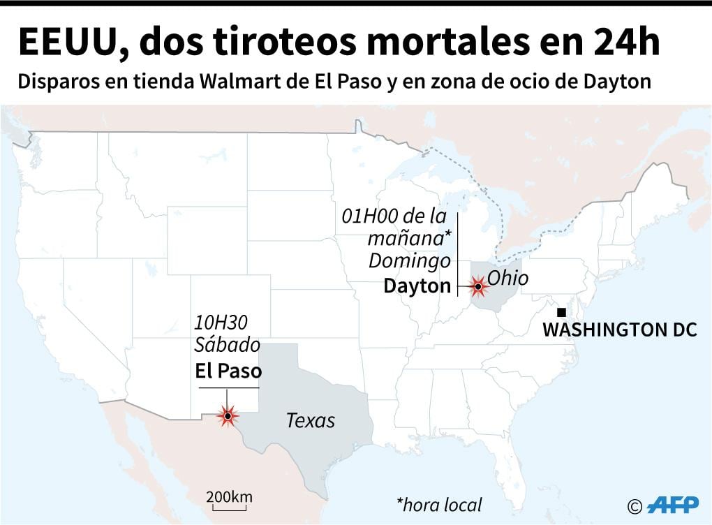 Mapa de EEUU localizando los tiroteos en El Paso, Texas, del sábado, y en Dayton, Ohio, del domingo. (AFP)