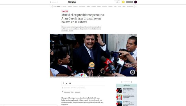Alan García falleció este miércoles en el hospital Casimiro Ulloa. (Captura: Clarín - Argentina)