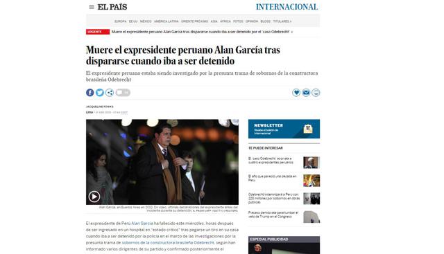 Alan García falleció este miércoles en el hospital Casimiro Ulloa. (Captura: El País - España)