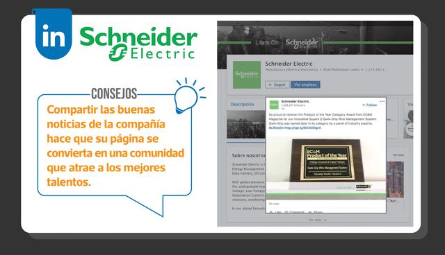 FOTO 2 | Schneider Electric: Al igual que Hays, Schneider Electric se enfoca en la marca con sus imágenes: basta con revisar sus publicaciones para comprobar su distintivo color verde en todas partes. El contenido que comparte a menudo destaca los logros y éxitos de la empresa y sus empleados. Consejos: Compartir noticias emocionantes de la compañía hace que su página se convierta en una comunidad exclusiva que atrae a los mejores talentos.