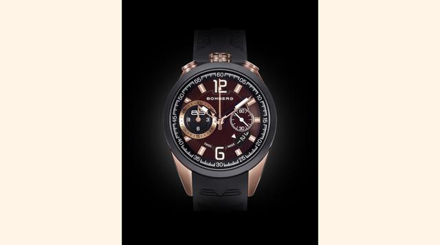 1968 Chronograph, 39 mm. Movimiento con cronógrafo. Sumergibilidad hasta 100 m. Acero inoxidable con tratamiento PVD negro y oro rosa. Correa de silicona negra. (Foto: Bomberg)