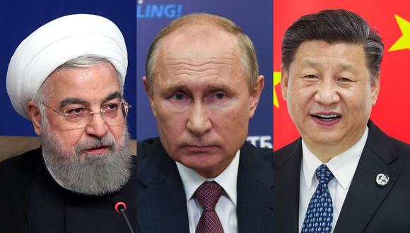 Los presidentes de Irán, Hassan Rouhani; de Rusia, Vladimir Putin; y de China, Xi Jinping. (Foto: AFP).