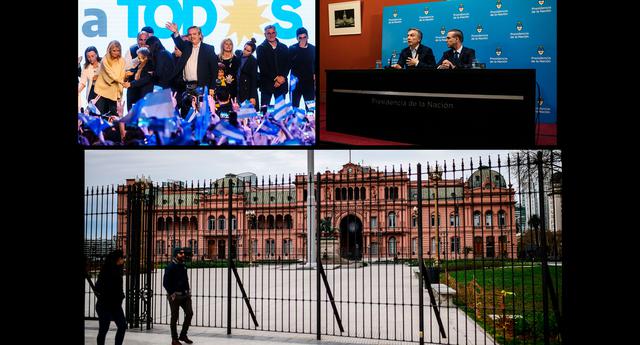 FOTO 9 | Crisis actual: Hoy, Fernández parece estar a punto de suplantar a Macri en la Casa Rosada, esta vez como vicepresidenta de Alberto Fernández, quien fue su primer jefe de Gabinete. Su aplastante victoria en las primarias del mes pasado provocó un colapso del peso, las acciones y los bonos, lo que finalmente obligó a Macri a imponer controles al comercio de divisas -que había levantado con orgullo apenas unos días después de posesionarse en 2015- y a exigir un reperfilamiento de la deuda.
La falla de Macri en el control de la inflación y el impulso del crecimiento fue la causa inmediata de la crisis, pero en realidad la base se estableció hace una década, cuando Fernández consumió los ingresos extraordinarios proporcionados por el repunte de los precios de los productos básicos, estranguló la economía con una amplia red de controles gubernamentales y manipuló datos. Los operadores pronostican que un incumplimiento será la inevitable conclusión una vez llegue el nuevo gobierno en diciembre. Actualmente, se pueden comprar los bonos extranjeros del país por apenas 40 centavos por dólar. 
Imagen superior izquierda: Alberto Fernández saluda a partidarios.
Imagen superior derecha: Mauricio Macri en una conferencia de prensa, 12 de agosto. Imagen inferior: una valla frente a la Casa Rosada, 30 de agosto. (Foto: Getty/ Bloomberg)