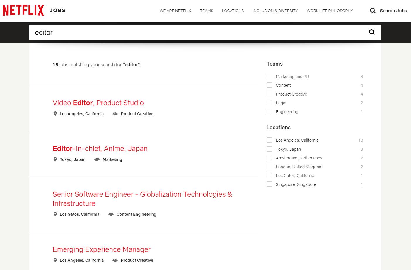 Netflix Jobs te da diferentes opciones basadas en las palabras que coloques en el buscador (Foto: Netflix)