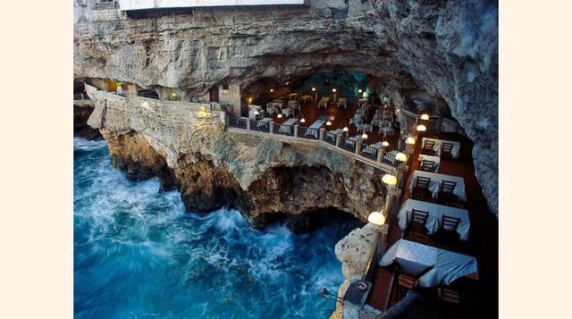Restaurante Grotta Palazzese(Plugia, Italia) ubicado en una cueva junto a los acantilados de Polignano, Sin embargo, suele recibir críticas por sus altos costos y la calidad de su comida.(Foto: blog.goplaceit)
