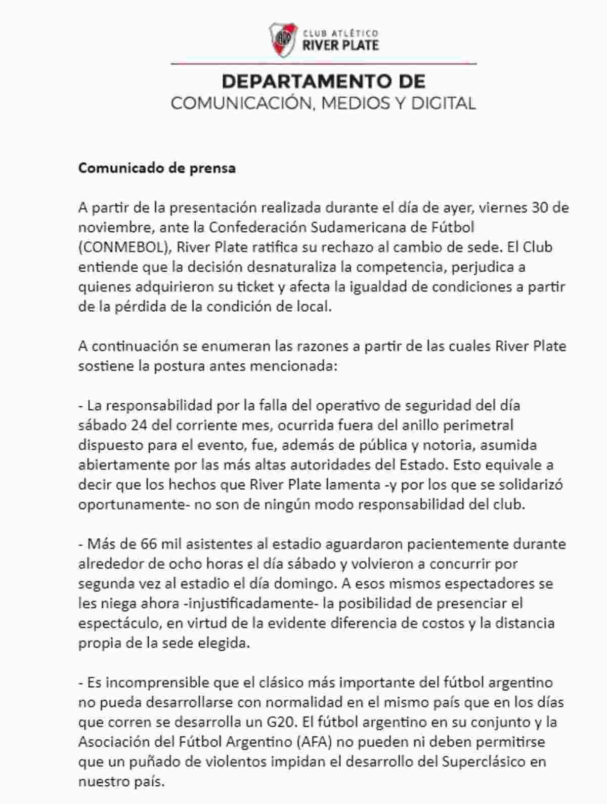 El comunicado de prensa publicado por River Plate (Fuente: River Plate).