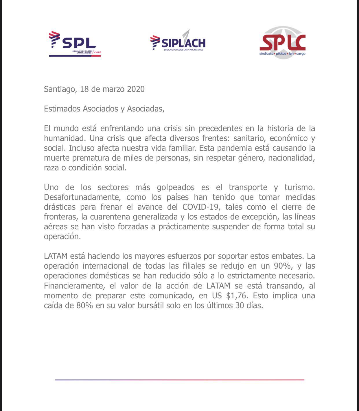 Comunicado del sindicato de pilotos.