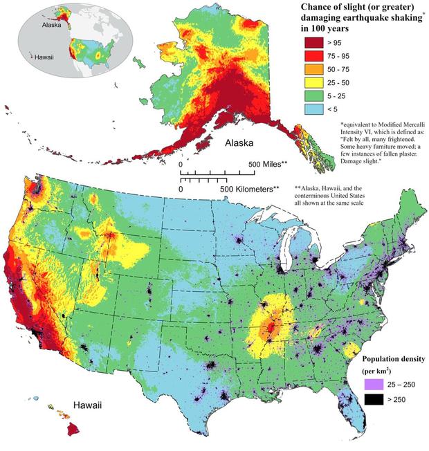 Gráfico del Modelo Nacional de Amenaza Sísmica (2023) en los USA durante los próximos 100 años, vía el Servicio Geológico de Estados Unidos.