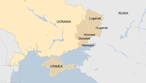 Mapa de Ucrania y la frontera con Rusia que muestra, al este del país, las regiones separatistas de Donetsk y Lugansk.